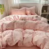 Conjunto de quatro peças de gaze dupla camada Classe A com padrão floral fresco, lençol com elástico, capa de edredom, conjunto de três peças para estudante de dormitório 4