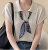 Bufanda de punto de manga corta para mujer con cuello de polo informal, diseño de nicho francés de verano, top de punto versátil con hombros caídos