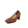 Zapatos de Salón de Piel de Oveja de Primera Capa con Tacón Grueso para Mujer, Zapatos de Salón con Lazo Estilo Coreano, Zapatos de Salón Bajos de Cuero Genuino Redondos para Otoño con Tacón Medio