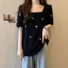 Camiseta de Manga Corta con Diseño de Cuello Cuadrado para Mujer Tallas Grandes Mujer Verano 2025 Nuevas Camisetas Versátiles de Nicho con Aspecto Adelgazante Suelto