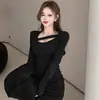 Nuevo Vestido Negro de Manga Larga Plisado Otoño e Invierno, Estilo Femenino, Elegante Ceñido a la Cintura, Adelgazante, Combinado con una Minifalda