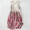 Vestido Casual de Algodón Puro con Estampado Digital Nuevo Transfronterizo, Cuello Redondo, Sin Mangas, Largo Medio, para Mujer, Verano en la Playa