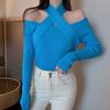 Tricô Cruzado com Gola Halter Uma Manga Outono 2024 Novo Sexy Top Curto Interno Tricô Slim para Usar por Baixo