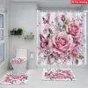 Juego de Cuatro Piezas de Cortina de Ducha y Alfombrilla de Baño con Diseño de Flores y Plantas Transfronterizas para Baño del Hogar, Cortina de Ducha Divisoria de Separación Seca y Húmeda, Cortina de Ducha Impermeable