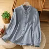 Foto real de camisa de manga larga a cuadros azul y blanco para mujer primavera/otoño 2026, top a cuadros casual retro japonés, camisa holgada con cuello