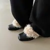 Mocasines Retro para Mujer Forrados de Felpa Zapatos de Algodón Calientes Punta Cuadrada Slip-ons Tacón Grueso Zapatos Pequeños de Cuero