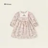 Vestido Infantil de Manga Longa Bordado com Urso 2025 Outono Novo Bebê Estilo Doce Rosa Manga Bufante Vestido de Princesa