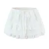 Conjunto Branco Top com Renda Bordada Vazada Estilo Francês, Manga Bufante + Saia de Camadas com Cordão