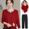 Novo Estilo de Outono da Mamãe Tricô Tricotado Camisa de Manga Comprida com Decote em V para Mulheres de Meia-Idade e Idosas Primavera & Outono Blusa Base para Cobrir a Barriga