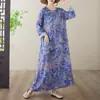 Foto Real de Vestido Longo Estampado de Algodão e Linho para Comércio Exterior, Gola Redonda, Soltinho, Plus Size, Manga Longa, para Mulheres Plus Size, Adequado para Férias