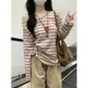 Camiseta larga a rayas de estilo coreano, dulce y juvenil, con hombros descubiertos para mujer, top casual de otoño holgado con un toque sutil de estilo ins