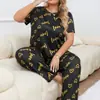 Estilo europeo y americano talla extra mujer gorda hombre gordo ropa de casa extra grande extra gordo corazón cuello redondo manga corta pantalón largo conjunto de pijama para mujer