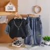 Conjunto de Sudadera para Niños Primavera y Otoño con Parche de Mezclilla Tie-Dye Sudadera de Cuello Redondo Trendy Collar Rayado Conjunto de Dos Piezas