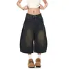 Calça jeans cropped de verão americana retrô desconstruída com barra curva, estilo de rua com lavagem desgastada, calça casual versátil de perna larga