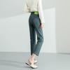 Design de etiqueta de couro verde Novo jeans pequeno reto de cintura alta feminino Slim-fit Retro Petite Calças de tubo elástico de nove pontos