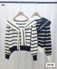 Tejido de Punto Rayado con Cuello Azul Marino Estilo Tweed para Mujer Otoño Temprano Nueva Moda Top Retro Estilo Perezoso Chic Camisa Pequeña