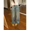 Jeans de otoño para mujer con adornos de pedrería, diseño holgado recto de pierna ancha, efecto adelgazante y pedrería brillante