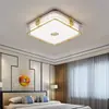 Estética de Canción Luz de Techo Madera Maciza Tela de Lino Hoja de Bambú Paisaje Pintura a Tinta Redonda Luz para Sala de Estar Comedor Dormitorio Luz Principal Hierro