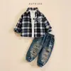 Camisa a Cuadros para Niños 2026 Otoño Nuevo Estilo Coreano Chic Cárdigan Solapa Niños Pequeños y Medianos Ropa Casual Versátil