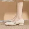 Zapatos Mary Jane de Punta Cuadrada con Tacón Grueso para Mujer 2026 Primavera Nuevos Estilo Francés Retro Perla Tacón Bajo Poco Profundo 3cm Zapatos de Una Sola Pieza para Mujer