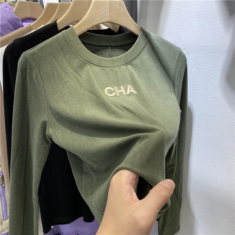 双面德绒字母刺绣长袖T恤女春季新款圆领加绒加厚内搭打底衫上衣