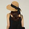 Sombrero de pescador con lazo negro para mujer, sombrero de paja de estilo japonés de ala ancha, para viajes de verano, versátil, protección solar, sombrero para el sol, primavera verano