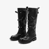 Botas de caballero de tubo alto estilo británico vintage de cuero con hebilla de cinturón adelgazante y tacón grueso, botas de motocicleta para mujer hasta la rodilla