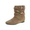 Botas de tornozelo pontudas de camurça retrô para mulheres, nova coleção de outono 2026, com fivela de cinto, altura até o meio da panturrilha, botas de montaria, botas de cowboy western