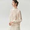 Suéter de punto hueco para mujer, mezcla de cachemira y seda de morera, cuello alto tipo pétalo, detalles de ganchillo, estilo lindo y dulce