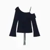 Suéter de punto para mujer con cuello con volantes en el hombro y manga larga, para primavera y otoño, negro suave, irregular, chic, dulce y llamativo