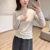 Camiseta 26 Otoño Lyocell Lana de Oveja, dobladillo minimalista con bordes festoneados, cuello redondo, manga larga, top interior para mujer