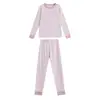 Pijama de bloques de color para otoño e invierno para niños, ropa de casa para niños, conjunto de ropa interior térmica para niñas, suéter de algodón de capa base