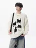 Suéter de Punto Jacquard con Gatito de Dibujos Animados Cuello Redondo para Hombre Estilo Perezoso Americano Otoño e Invierno Top Pulóver Holgado