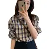 Algodón Puro 2026 Nuevo Estilo Estilo Hong Kong Cuadros Retro Camisa de Manga Larga Cuello Polo Camisa de Botones Moda Casual Top para Mujer