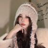 Gorro de Lana con Orejas de Oso Kawaii Japonés para Mujer Otoño e Invierno Nuevo Cálido Gorro de Punto para Mostrar la Cara Pequeño Cuello Orejeras