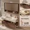 2026 Nuevo Modelo Gabinete de Baño de Madera de Nogal y Cerámica con Lavabo de Placa de Roca Integrado Curvado en Caliente Tocador en Nuevo Estilo Chino