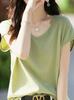 Camiseta de manga corta con cuello en V y color liso para mujer, suéter fino y holgado de alta gama europea, de verano, a la moda