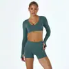 Top esportivo feminino de gola U canelado sem costura, importado da Europa e América para a Amazon TK, com corte justo, respirável, cropped, sexy, de manga longa