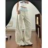 Design Americano Temperamento Saia Retrô Jeans Patchwork Casual Novo Estampa de Leopardo Largo Emagrecedor Versátil Calça de Cintura Alta