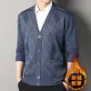 Estilo Novo Outono e Inverno Cardigan de Tricô com Forro de Lã para Homens de Meia-Idade e Idosos Jaqueta de Tricô Gola V Tricô Jacquard Estilo Pai para Homens