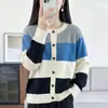 Cárdigan de punto de algodón puro para mujer, nuevo estilo coreano de otoño e invierno, cuello redondo, chaqueta de rayas con bloques de color, top holgado y grueso de rayas anchas
