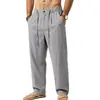 Calça masculina casual simples versátil de linho para quatro estações, com design de cordão, perna reta, comércio exterior transfronteiriço europeu e americano