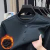 Moletom masculino de inverno com gola redonda e forro de fleece, vestuário casual masculino, camiseta de manga comprida quente com três botões, disponível para atacado