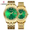 Reloj de Pareja Calendario de Negocios Dawn con Correa de Acero y Diamantes en Oro Verde, Transmisión en Vivo Transfronteriza, Venta al por Mayor de Fabricante, Relojes de Pareja para Hombre y Mujer