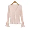 T404-26 Cardigan de Punto para Mujer, Estilo Coreano de Otoño, Corte Delgado, Fresco, Dulce, Cuello en V, Liso, Calado, Manga Campana, Manga Larga, Ropa de Abrigo