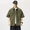 Camisa de trabalho estilo japonês de manga curta para homens, fresca e estilosa, verde militar, streetwear moderno, top de camisa de meia-manga