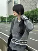 Suéter de Punto Jacquard Fair Isle Gris Retro Americano Diseño Estilo Old Money Cardigan Unisex Suéter con Cuello de Solapa Marca de Tendencia