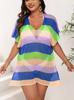 Blusa Feminina de Feriado Transfronteiriça Europeia e Americana plus size Feminina Costura em Cores Contrastantes Listra em Cores Misturadas Vestido Tricotado Vazado
