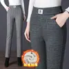 8117 Leggings a cuadros y a rayas con forro polar de invierno pantalones para mujer de mediana edad y mayores talla grande elásticos para exteriores ajustados tipo bota