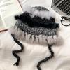 Gorro de punto de piel de conejo para mujer, cálido gorro de lana empalmado, estilo K, con correa bonita y bonita, con protección para las orejas, para otoño e invierno.